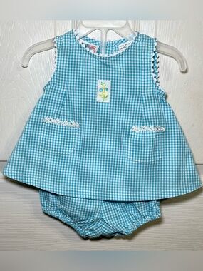 Vintage 1999 Small Steps Blue Gingham Dress Bloomer Set 0-3M